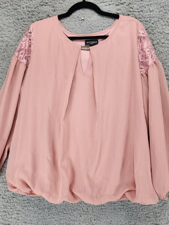 I.N. Studio Tops - IN Studio Top Womens 2X Pink Long Sleeve Lace Detail Blouse